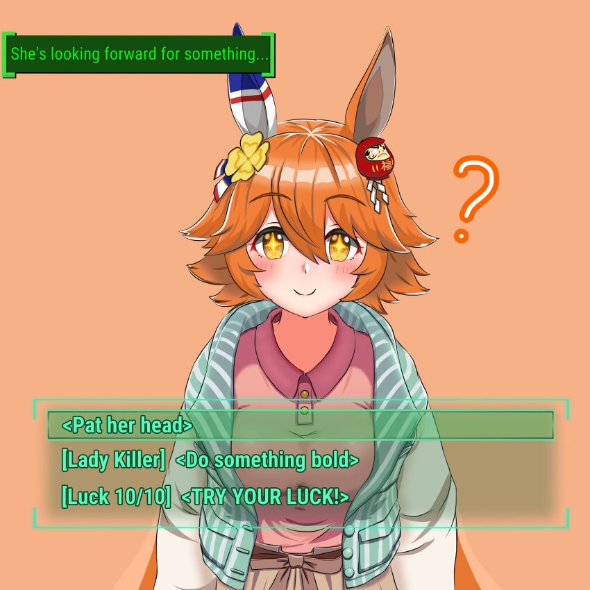+_+ 1girl ? absurdres animal_ears blue_jacket blush breasts closed_mouth clover_hair_ornament collared_shirt daruma_doll ear_covers english_text fallout flipped_hair four-leaf_clover_hair_ornament hair_ornament highres horse_ears horse_girl jacket katyusha.v looking_at_viewer matikanefukukitaru_(umamusume) medium_breasts medium_hair open_clothes open_jacket orange_background orange_hair pink_shirt shirt simple_background single_ear_cover smile solo striped_clothes striped_jacket umamusume upper_body yellow_eyes
