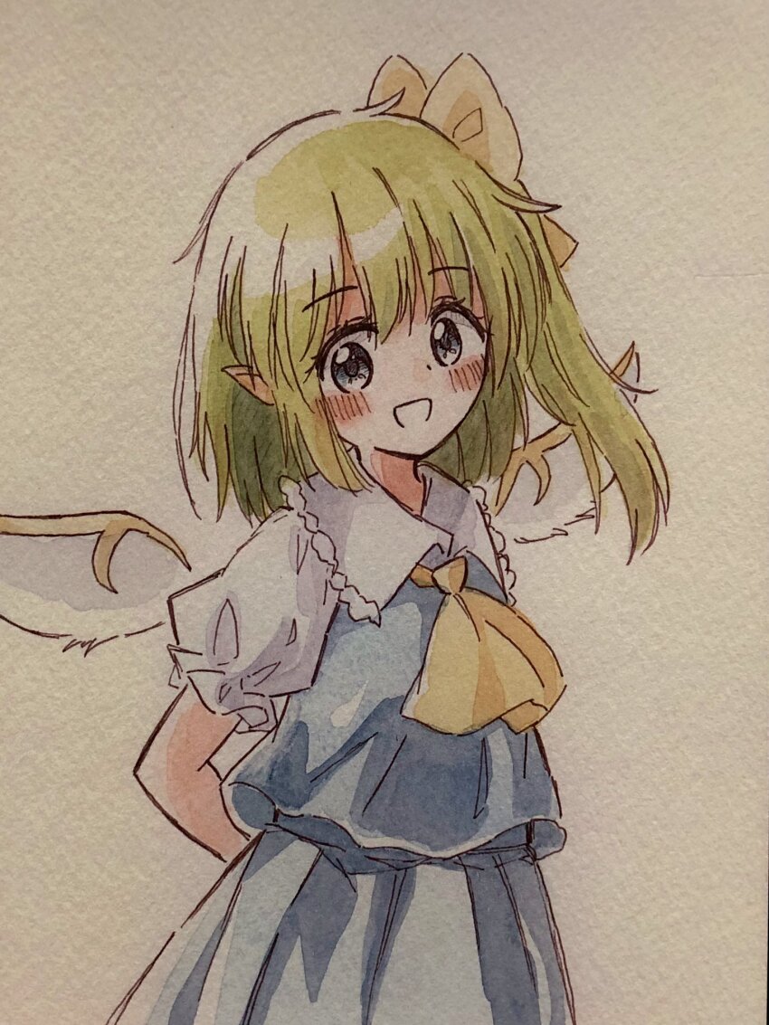 1girl arms_behind_back ascot blue_skirt blush bow collared_shirt commentary daiyousei fairy_wings frilled_shirt_collar frills green_hair grey_eyes hair_bow highres long_hair looking_at_viewer one_side_up open_mouth pointy_ears shirt short_sleeves skirt smile solo touhou traditional_media white_shirt wings yellow_ascot yellow_bow zeppachi