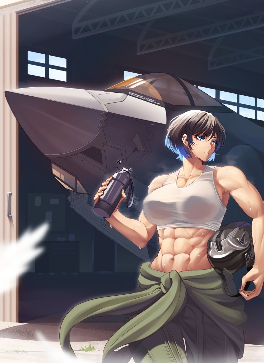 1girl abs absurdres aircraft airplane black_hair blue_eyes blue_hair bottle buttslayer clothes_around_waist collarbone f-35 green_pants green_shirt hangar helmet highres multicolored_hair muscular muscular_female original pants shirt shirt_around_waist short_hair solo streaked_hair sweat tagme tank_top white_tank_top