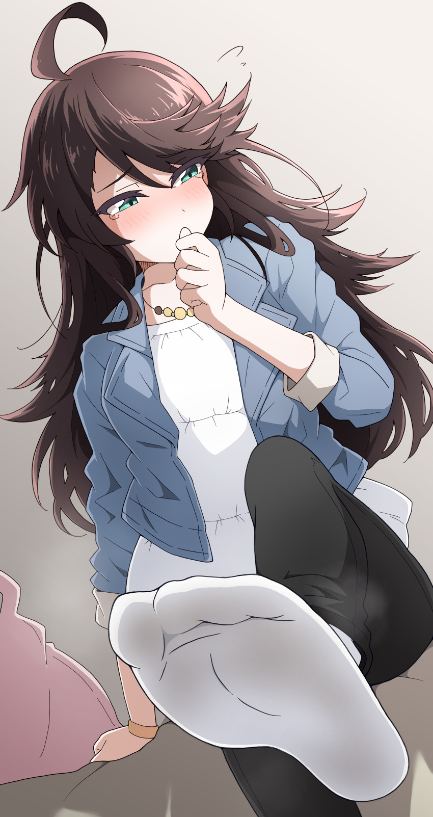 1girl absurdres ahoge black_pants blue_jacket blush brown_hair denim denim_jacket from_below green_eyes highres jacket jewelry leg_up long_hair looking_to_the_side necklace nel-c original paid_reward_available pants shirt socks solo variant_set white_shirt white_socks