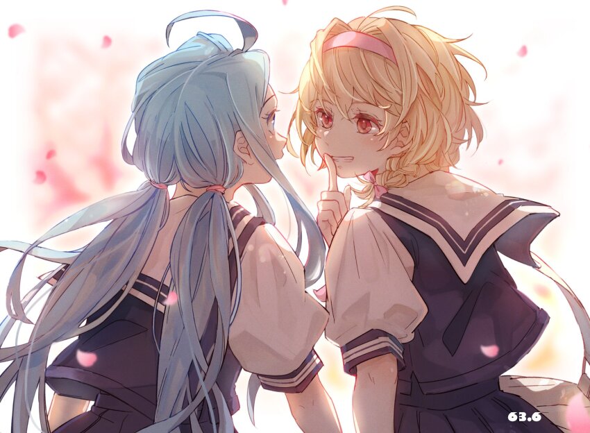 2girls 63_rok ahoge artist_name bag black_shirt black_vest blonde_hair blue_eyes blue_hair bow braid brown_eyes djeeta_(granblue_fantasy) falling_petals finger_to_mouth from_behind granblue_fantasy hairband highres looking_at_another low_twintails lyria_(granblue_fantasy) multiple_girls petals pink_bow pink_hairband puffy_short_sleeves puffy_sleeves sailor_collar school_uniform shirt short_hair short_sleeves shoulder_bag single_braid twintails upper_body vest white_sailor_collar white_shirt