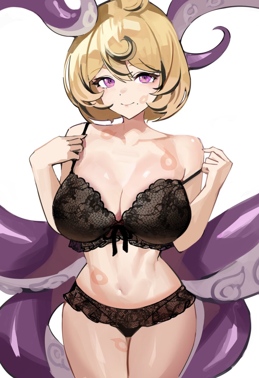 1girl absurdres alternate_costume bare_shoulders black_bra black_panties blonde_hair body_markings bra breasts closed_mouth collarbone commentary cowboy_shot hair_between_eyes highres lace lace-trimmed_panties lace_bra lace_trim large_breasts legs_together looking_at_viewer mole mole_under_mouth monster_girl navel off_shoulder panties ppangchil purple_eyes scylla short_hair simple_background smile solo stomach suction_cups tentacle_girl tentacle_tail tentacles underwear white_background yidhari_murphy zenless_zone_zero