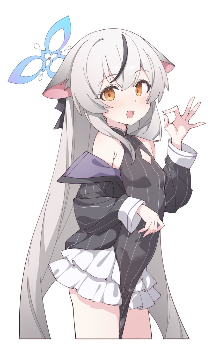 1girl animal_ears bare_shoulders black_bow black_dress black_hair blue_archive blue_halo blush bow breasts china_dress chinese_clothes dress grey_hair hair_bow halo highres jacket jacket_partially_removed kokona_(blue_archive) loli long_hair long_sleeves looking_at_viewer multicolored_hair ok_sign open_mouth orange_eyes rakugaki_ningen simple_background small_breasts solo streaked_hair striped_clothes tiger_ears very_long_hair white_background
