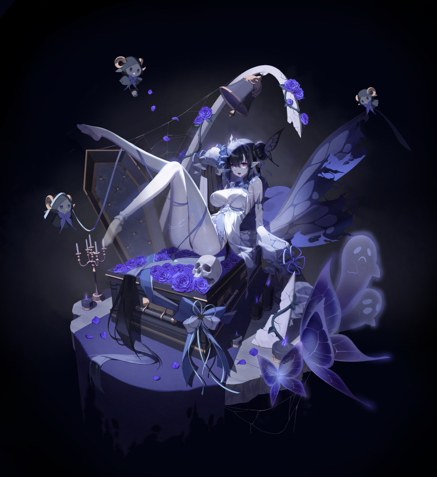 1girl absurdres arm_support babydoll bell black_background black_hair black_panties blue_bow blue_ribbon bow breasts bug butterfly candle candlestand coffin creature crossed_legs curled_horns detached_sleeves falling_petals fire flower ghost grey_thighhighs hair_between_eyes hair_bun hair_ribbon highres hood hood_up horns insect knee_up large_breasts leaning_forward leg_up lemonpear long_hair no_shoes open_mouth original panties petals pointy_ears purple_fire purple_flower purple_ribbon purple_rose ribbon rose see-through_clothes single_thighhigh skull sleeves_past_fingers sleeves_past_wrists thighhighs thorns underwear veil very_long_hair white_babydoll