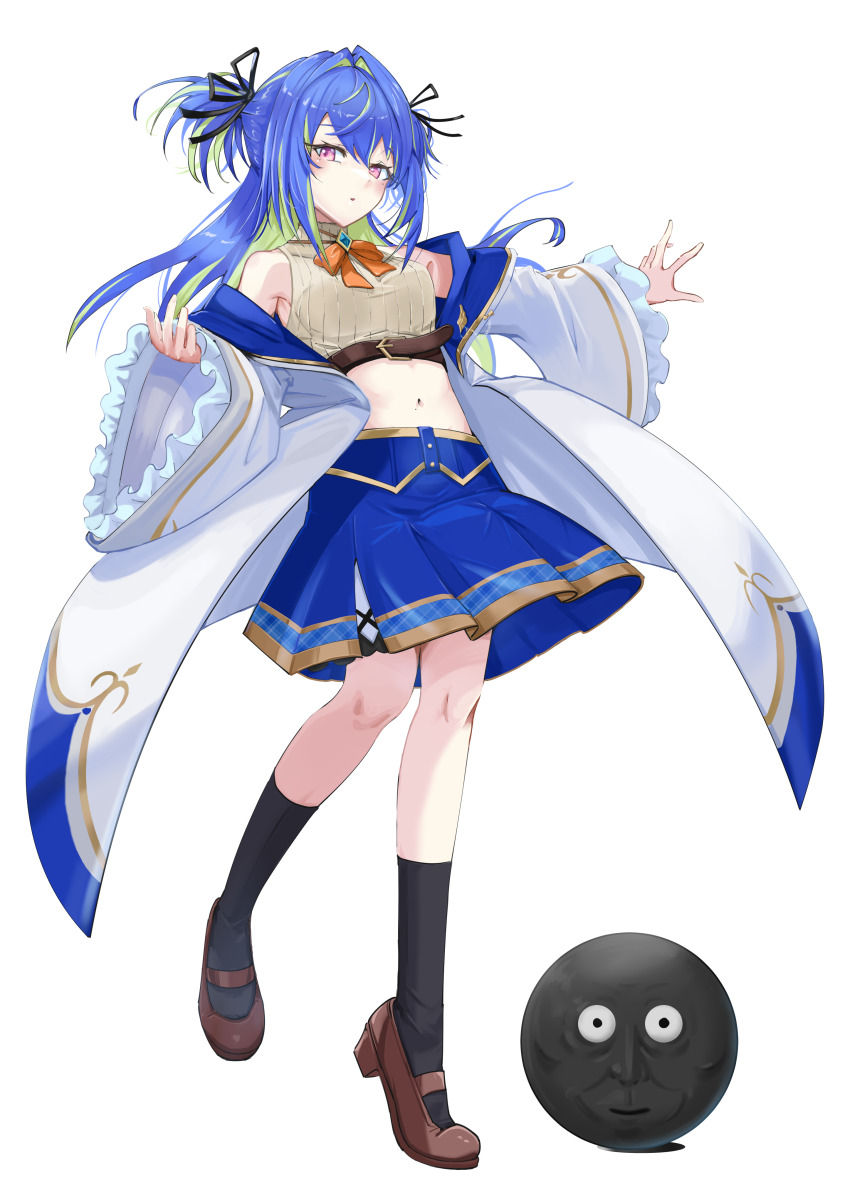 1girl absurdres armpit_crease bare_shoulders belt black_ribbon black_socks block_heels blue_hair blue_skirt blush bow bowtie breasts brown_belt brown_shoes character_request coat colored_inner_hair commentary_request crop_top frilled_sleeves frills full_body green_hair grey_shirt hair_between_eyes hair_intakes hair_ribbon highres hiyoku_no_crosspiece long_hair long_sleeves looking_at_viewer medium_skirt midriff mole mole_under_eye multicolored_hair nanashi_inc. navel off_shoulder open_clothes open_coat orange_bow orange_bowtie parted_lips pleated_skirt purple_eyes ribbed_shirt ribbon sankyo_(821-scoville) shirt shoes simple_background skirt sleeveless sleeveless_shirt small_breasts socks streaked_hair suzumi_nemo suzumi_nemo_(1st_costume) two-tone_hair two_side_up virtual_youtuber white_background white_coat wide_sleeves