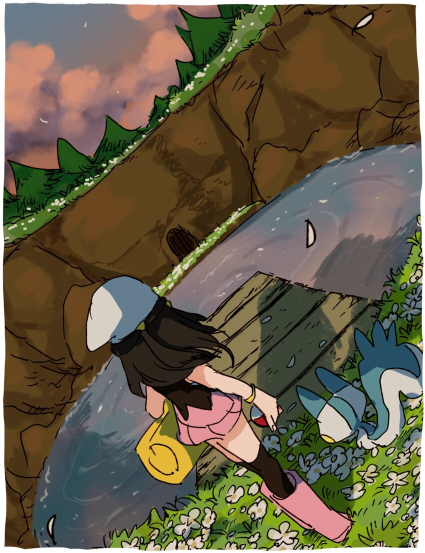 1girl back beanie black_hair black_shirt black_socks blue_fur boots cloud cloudy_sky dawn_(pokemon) dock flower game_freak gen_4_pokemon hat highres holding holding_poke_ball kneehighs nintendo on_grass pachirisu pink_boots pink_skirt pink_sky poke_ball pokemon pokemon_dppt pond ponytail scarf shirt skirt sky socks two-tone_fur water white_flower white_fur white_scarf yellow_bag yusho_(ossm03)