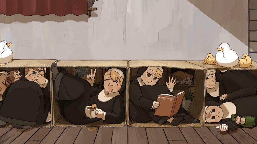 6+girls :&lt; :d bird black_socks blonde_hair blue_eyes book brown_eyes brown_hair cat chicken closed_eyes clumsy_nun_(diva) commentary diva_(hyxpk) duck duckling english_commentary freckles froggy_nun_(diva) glasses glasses_nun_(diva) grey_hair habit hedgehog highres holding_nose hungry_nun_(diva) little_nuns_(diva) multiple_girls nun open_mouth round_eyewear sheep_nun_(diva) smile socks spicy_nun_(diva) traditional_nun