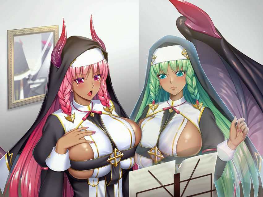 2girls action_taimanin alternate_costume anna_(taimanin_rpgx) aqua_eyes artist_request blush cleavage_cutout clothing_cutout curvy dark_skin demon_girl dual_persona game_cg green_eyes green_hair heart horns indoors lilith-soft lips long_hair looking_at_another multiple_girls nail_polish official_alternate_costume official_art phantasma_(taimanin_rpgx) pink_hair revealing_clothes shiny_skin simple_background sweat taimanin_(series) very_long_hair wide_hips wings