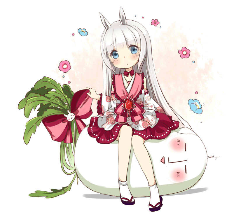 1girl animal_ears blue_eyes blunt_bangs detached_sleeves dress female_focus flip-flops flower highres kexi_shi_ge_hentai long_hair looking_at_viewer original rabbit_ears ribbon sandals silver_hair sitting socks solo turnip