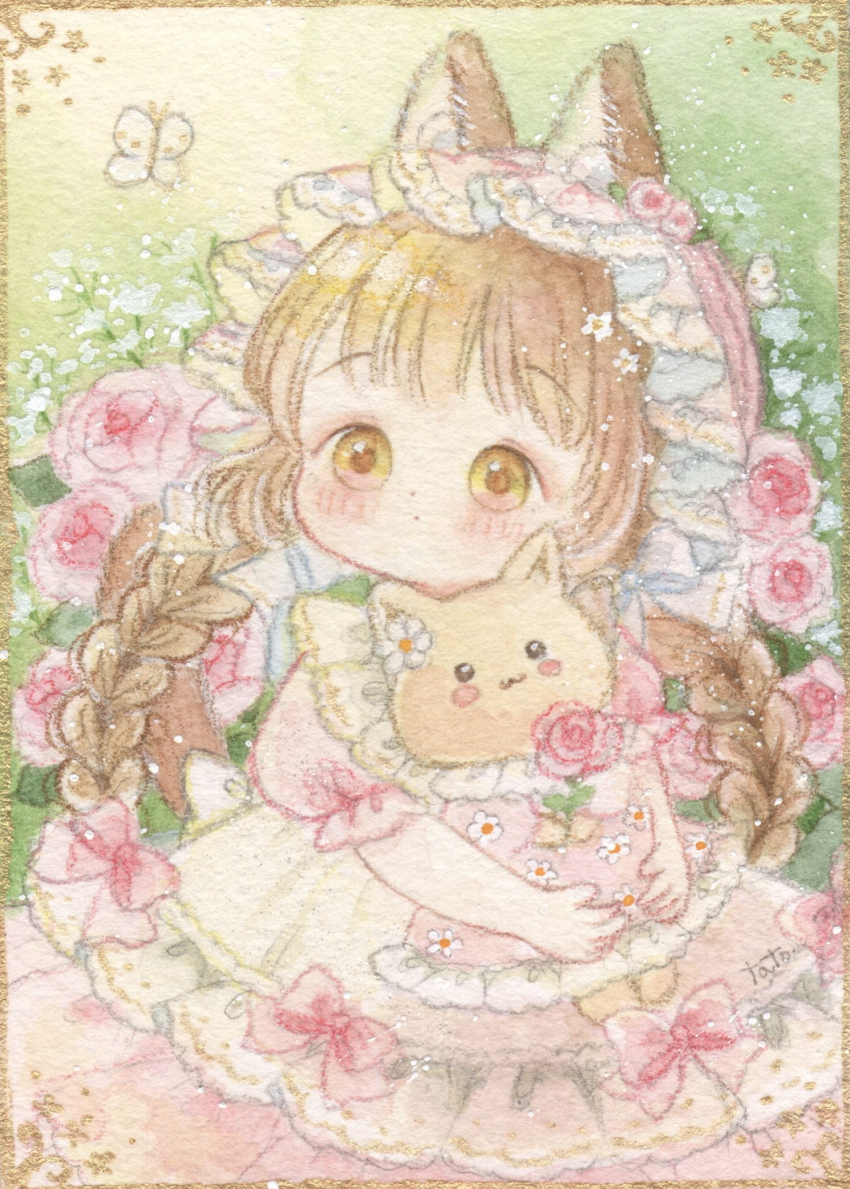 1girl animal animal_ears blush braid brown_hair bug butterfly cat cat_ears cat_girl clothed_animal dress flower highres insect long_hair original painting_(medium) pink_dress pink_flower pink_rose rose short_sleeves solo tato_(kunikida-3) traditional_media twin_braids watercolor_(medium)
