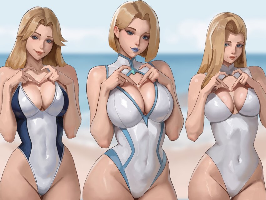 3girls absurdres akinoshi_art beach blue_lips breasts cleavage color_connection covered_navel dagger_(marvel) emma_frost fantastic_four female_focus hair_color_connection heart heart_hands highleg highleg_one-piece_swimsuit highres large_breasts long_hair marvel marvel_rivals medium_hair multiple_girls ocean one-piece_swimsuit short_hair smile sue_storm swimsuit thick_thighs thighs trait_connection white_one-piece_swimsuit x-men