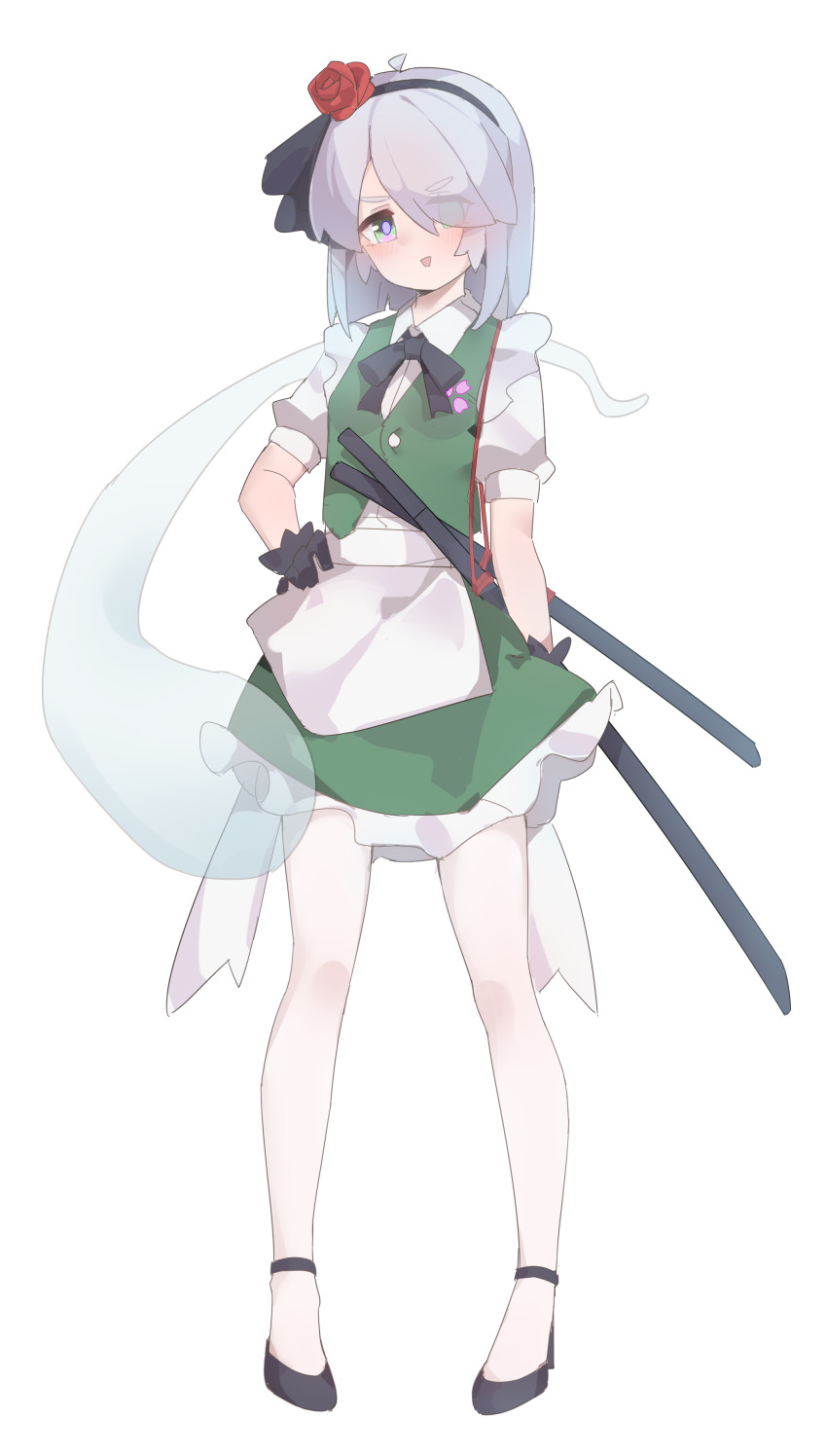 1girl absurdres apron black_bow black_bowtie black_gloves black_hairband black_shoes blush bow bowtie collared_shirt commentary eyes_visible_through_hair flower full_body gloves green_eyes green_skirt green_vest grey_hair gumingdi_ban hair_flower hair_ornament hair_over_one_eye hairband hand_on_own_hip highres hitodama katana konpaku_youmu konpaku_youmu_(ghost) looking_at_viewer multiple_swords open_mouth puffy_short_sleeves puffy_sleeves red_flower red_rose rose sheath sheathed shirt shoes short_sleeves skirt skirt_set smile solo sword touhou vest waist_apron weapon white_apron white_shirt