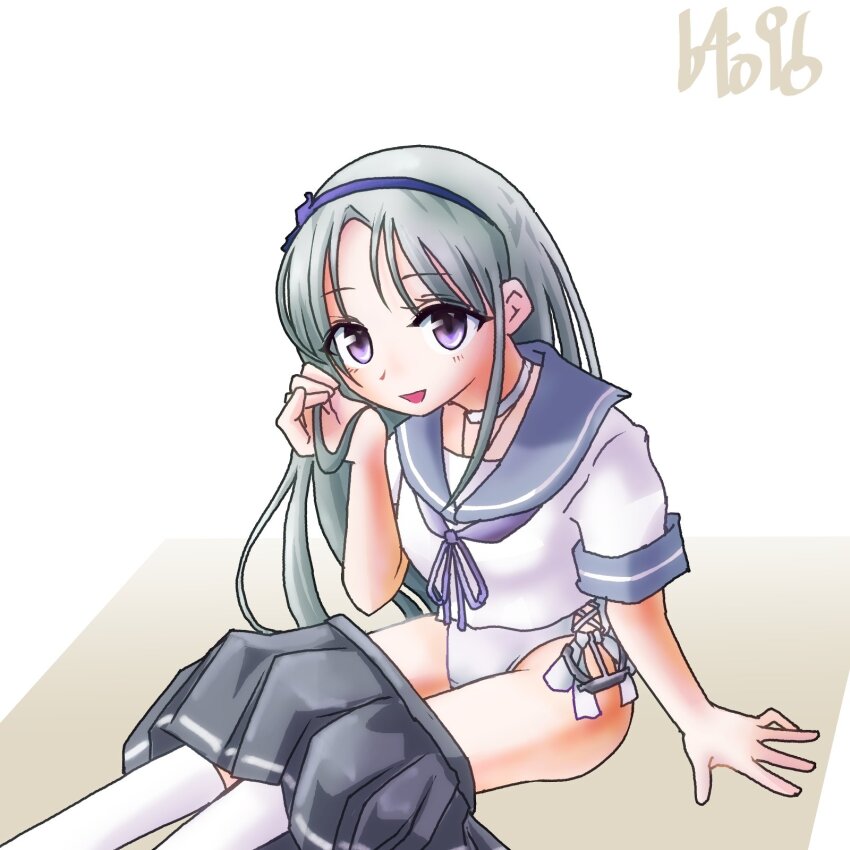 1girl anchor_ornament artist_name baku_(burst) choker commentary_request feet_out_of_frame grey_hair grey_sailor_collar grey_skirt highres kantai_collection long_hair neckerchief one-hour_drawing_challenge one-piece_swimsuit pleated_skirt purple_eyes purple_neckerchief sagiri_(kancolle) sagiri_(swimsuit)_(kancolle) sailor_collar sailor_shirt school_uniform serafuku shirt side-tie_swimsuit simple_background skirt skirt_partially_removed socks solo swimsuit swimsuit_under_clothes white_background white_choker white_one-piece_swimsuit white_shirt white_socks