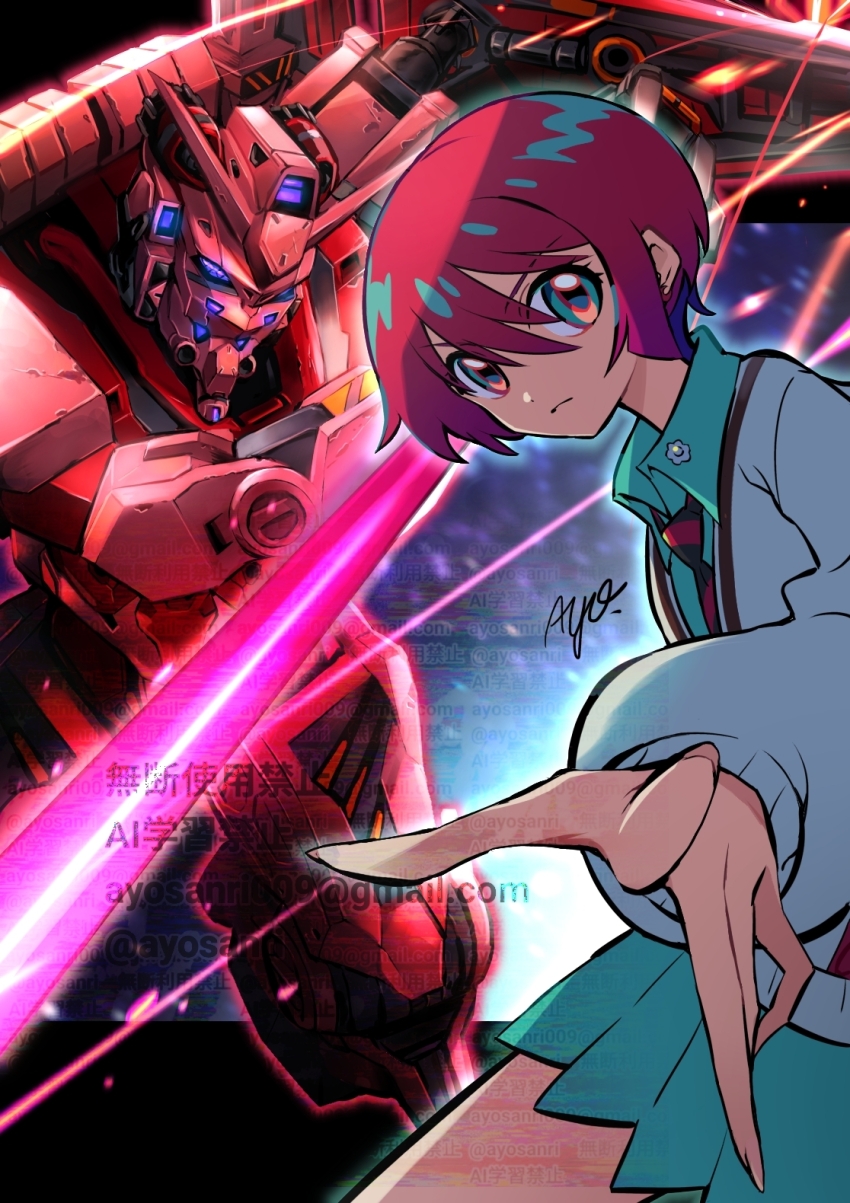 1girl amate_yuzuriha armor artist_name ayo_(ayosanri009) black_necktie closed_mouth commentary cowboy_shot diagonal-striped_clothes diagonal-striped_necktie email_address energy_sword english_text green_eyes green_shirt green_skirt gundam gundam_gquuuuuux helmet highres mecha miniskirt mixed-language_text mobile_suit necktie pleated_skirt purple_eyes red_armor red_gundam red_hair red_helmet red_necktie robot science_fiction shirt short_hair skirt striped_clothes sweater sword twitter_username two-tone_necktie v-fin watermark weapon web_address white_sweater