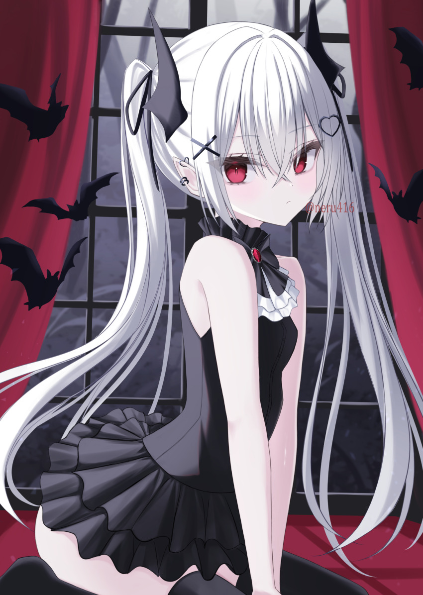 1girl ascot bare_shoulders bat_(animal) black_bow black_bowtie black_dress black_ribbon black_thighhighs bow bowtie brooch closed_mouth commentary_request curtains dress ear_piercing earrings frilled_dress frills hair_between_eyes hair_ornament hair_ribbon head_wings heart heart_earrings heart_hair_ornament highres indoors iris37337 jewelry long_hair looking_at_viewer original piercing red_brooch red_eyes ribbon seiza short_dress sitting sleeveless sleeveless_dress solo thighhighs twintails twitter_username very_long_hair white_ascot white_hair window wings x_hair_ornament