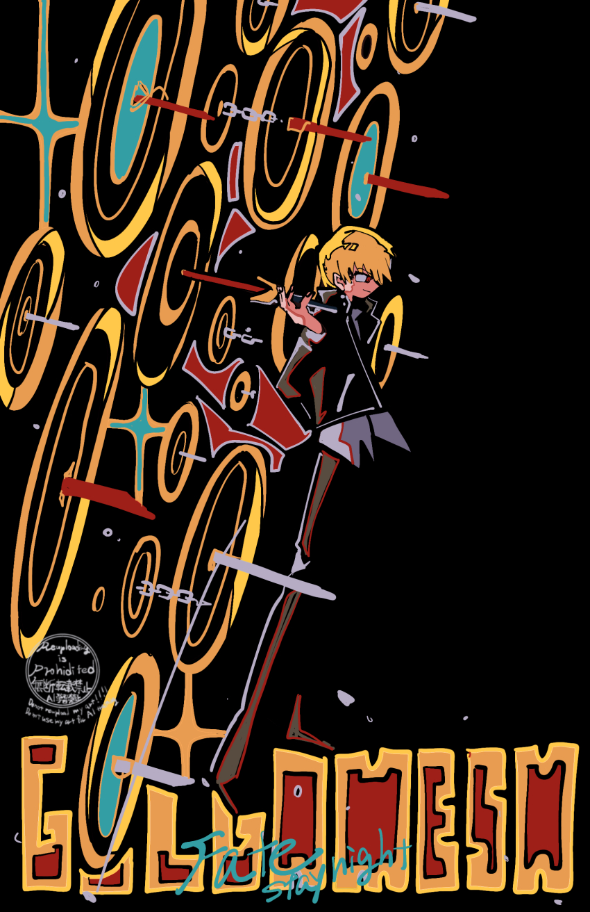 1boy absurdres artist_name black_background black_jacket black_pants blonde_hair chain character_name closed_mouth fate/stay_night fate_(series) full_body gate_of_babylon_(fate) gilgamesh_(fate) gilgamesh_(immoral_biker_jacket)_(fate) hand_up highres ima_mo_nao_kangaechuu jacket limited_palette long_sleeves looking_ahead male_focus official_alternate_costume pants red_eyes shirt short_hair signature simple_background smile solo sparkle watermark weapon white_shirt
