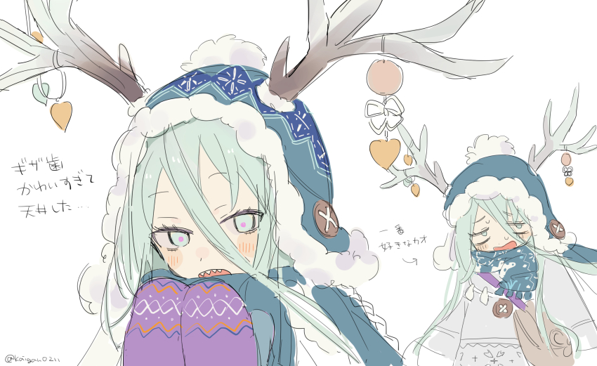 1girl absurdres antler_ornament antlers antlers_through_headwear arrow_(symbol) bag beanie blue_hat blue_scarf fate/grand_order fate_(series) green_eyes green_hair hair_between_eyes hands_up hat highres horns kaigan0211 long_hair louhi_(fate) louhi_(second_ascension)_(fate) mittens multiple_views purple_mittens scarf sharp_teeth simple_background sweat teeth translation_request twitter_username upper_body white_background