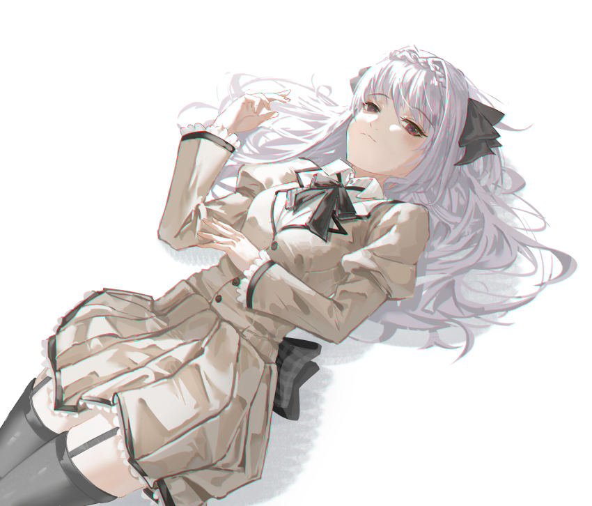 1542_700 1girl absurdres black_thighhighs collared_shirt dress frilled_dress frills garter_straps highres long_hair looking_at_viewer lying neckerchief on_back pleated_dress red_eyes red_neckerchief sakurakouji_luna shirt skindentation solo thighhighs tsuki_ni_yorisou_otome_no_sahou very_long_hair white_shirt yellow_dress
