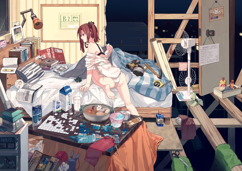 1girl alcohol barefoot bed bedroom blanket book book_stack bookmark bra brown_hair cable cotton_ball cup daikon desk_lamp drinking_glass drinking_straw egg electric_fan electrical_outlet female_focus food fork glass glue_stick highres hitogome indoors jigsaw_puzzle knife knitting_needle lamp light_bulb long_legs messy_room milk_carton needle oden off_shoulder open_book open_mouth original panties pickaxe picture_frame pillow puzzle puzzle_piece radish revision scarf scissors scrunchie shaved_ice slice_of_life solo stapler stuffed_animal stuffed_rabbit stuffed_toy stuffing tablet_pc tape_measure underwear white_panties yarn yarn_ball