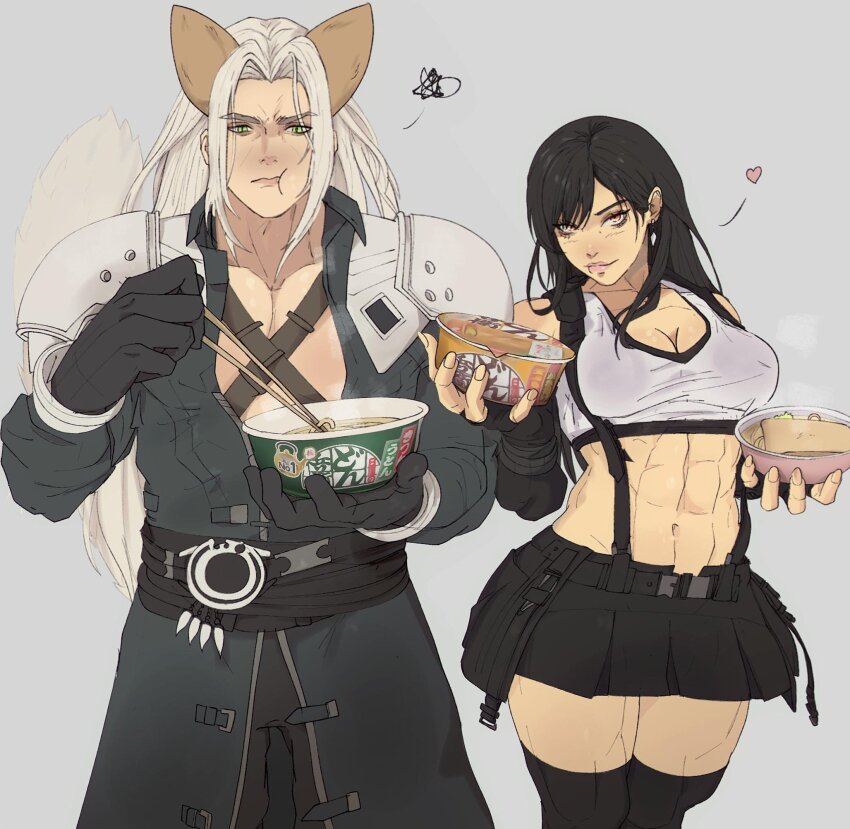1boy 1girl animal_ears belt black_belt black_gloves black_hair black_pants black_skirt black_thighhighs bowl breasts chopsticks cleavage closed_mouth coat collarbone commentary cup_ramen donbee_(food) donbei_tempura_soba earrings eating english_commentary final_fantasy final_fantasy_vii fingerless_gloves fingernails food fox_ears fox_tail gloves green_eyes grey_background grey_coat hands_up heart highres holding holding_bowl holding_chopsticks jewelry kemonomimi_mode large_breasts lips long_fingernails long_hair long_sleeves looking_at_viewer midriff miniskirt navel nissin_donbei noodles pants sephiroth sephiroth_(don_gitsune) sidelocks simple_background skirt smile standing suspender_skirt suspenders tail tank_top thighhighs thighs tifa_lockhart v-shaped_eyebrows white_hair white_tank_top yellow_eyes yoracrab