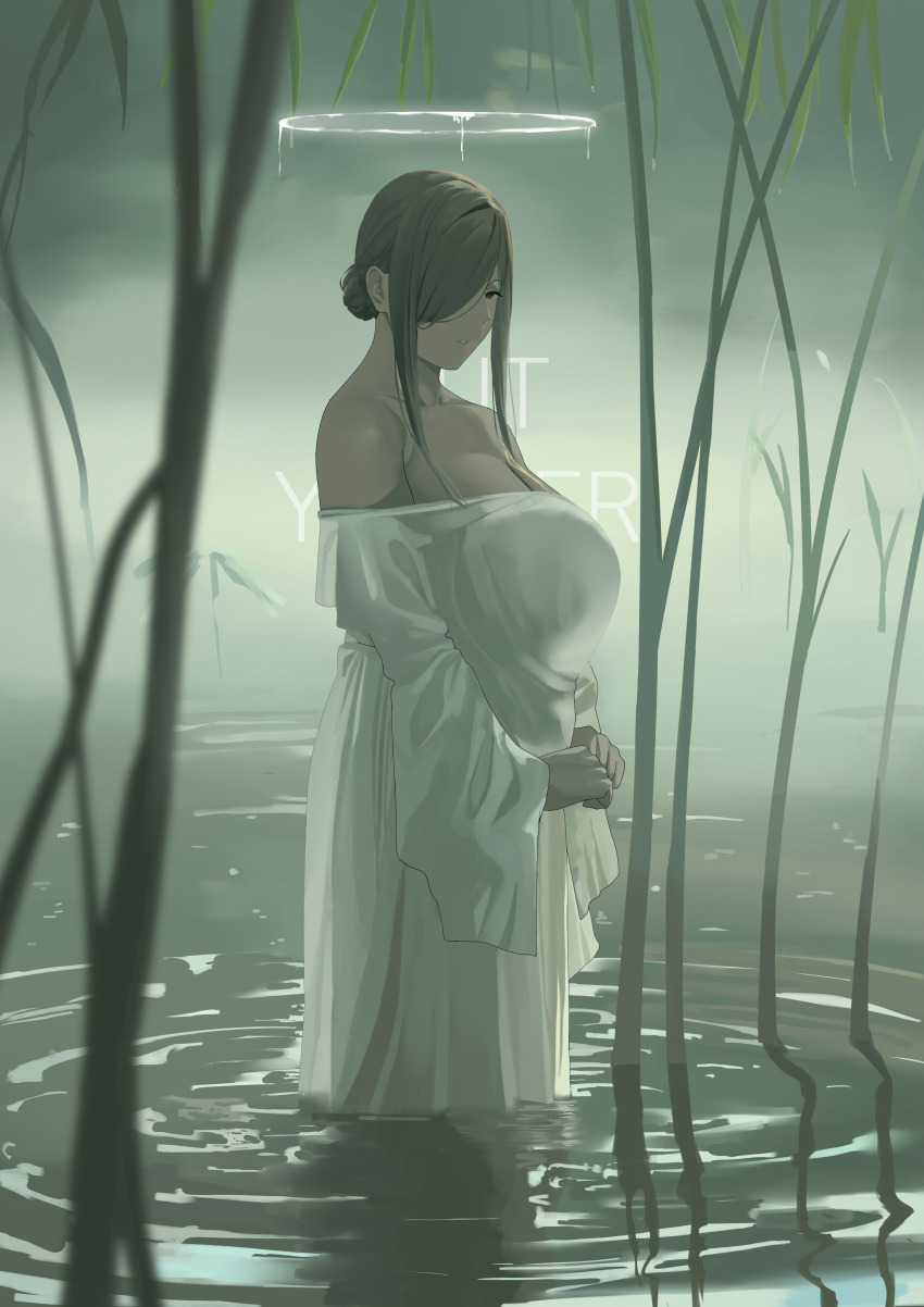 1girl absurdres bare_shoulders breasts cleavage commentary dress hair_bun hair_over_one_eye halo highres huge_breasts off-shoulder_dress off_shoulder original outdoors purple_eyes see-through_clothes see-through_dress sidelocks solo standing tnr_(horiko1525) wading water white_dress wide_sleeves