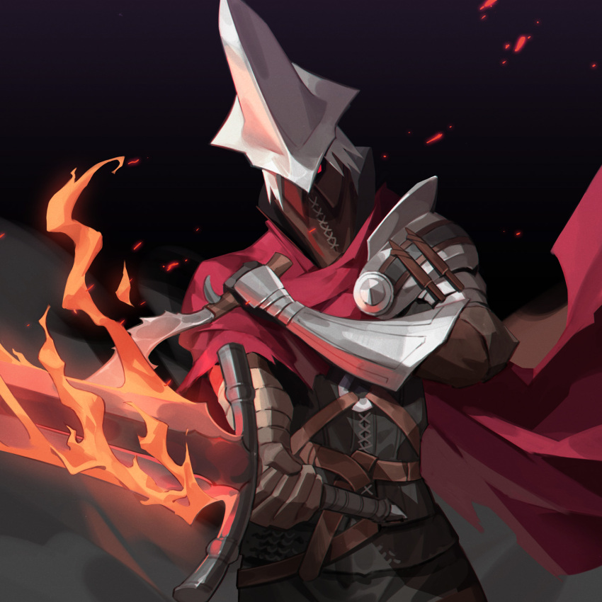 1boy abyss_watcher black_background black_gloves cape dagger dark_souls_(series) dark_souls_iii embers fire flaming_sword flaming_weapon gauntlets gloves glowing glowing_eyes helmet highres holding holding_dagger holding_knife holding_sword holding_weapon jiro_(ninetysix) knife red_cape red_eyes shoulder_plates solo sword weapon