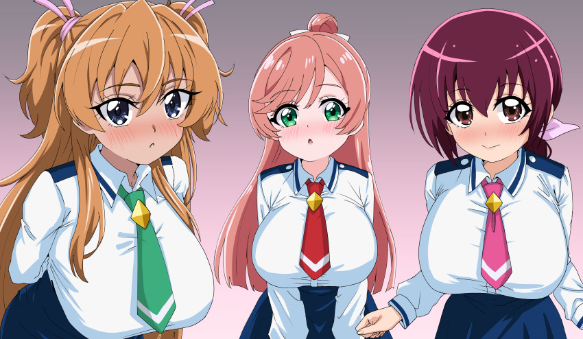 3girls :o absurdres alternate_costume arms_behind_back blue_eyes blue_hair blue_skirt blush breasts brown_hair commentary dress_shirt gradient_background green_eyes green_necktie hair_bun hair_ribbon highres hirogaru_sky!_precure hoshizora_ikuyo houjou_hibiki in-franchise_crossover large_breasts leaning_forward long_hair long_sleeves low_ponytail multiple_girls nanairogaoka_middle_school_uniform necktie nijigaoka_mashiro open_mouth pink_background pink_necktie pink_ribbon pleated_skirt ponytail precure purple_ribbon red_eyes red_hair red_necktie ribbon school_uniform shirt single_hair_bun skirt skymashiro smile_precure! standing suite_precure two_side_up white_ribbon white_shirt wing_collar