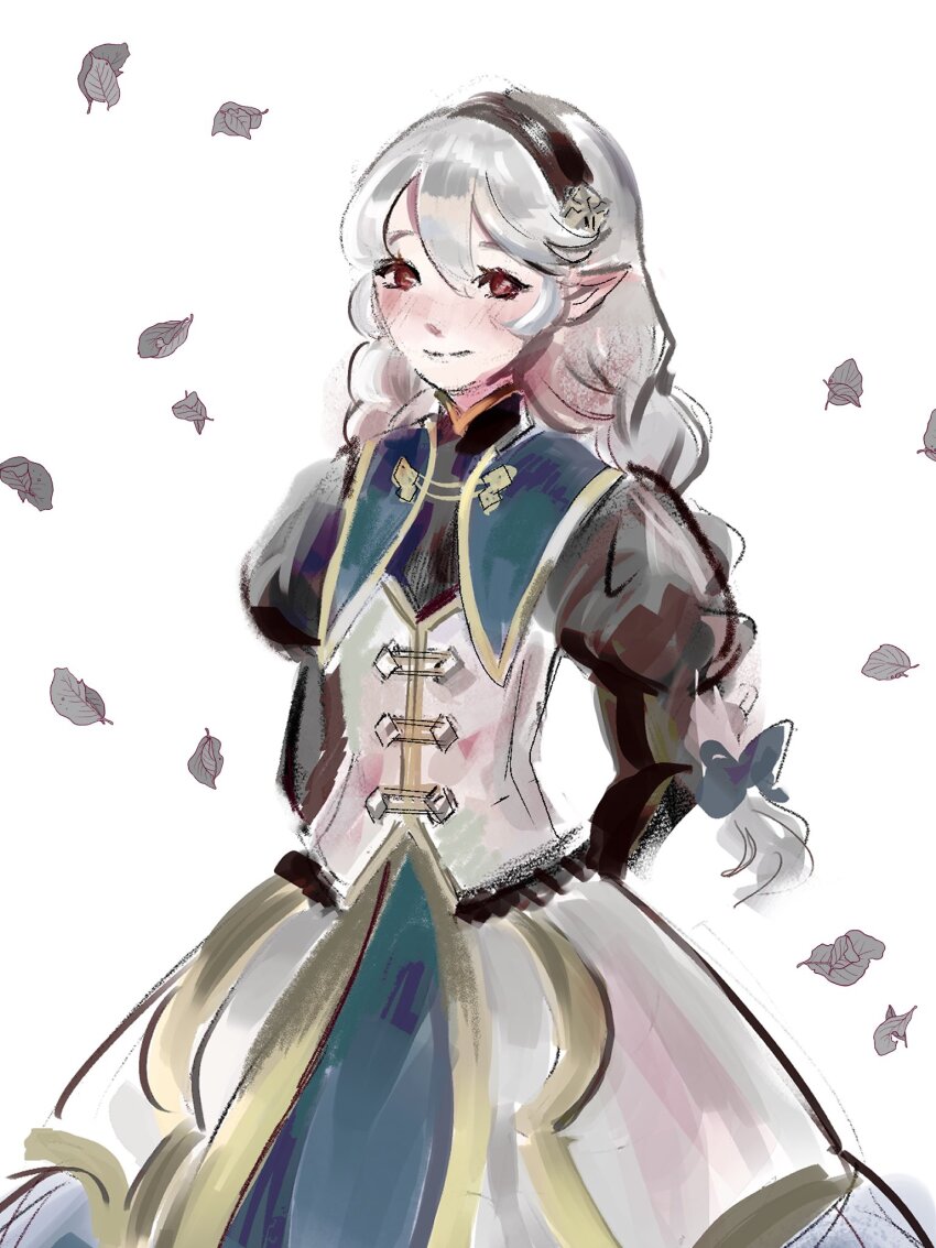 1girl arms_behind_back black_hairband blush closed_mouth commentary female_corrin_(fire_emblem) female_corrin_(young_kinship)_(fire_emblem) dress english_commentary enwbbs falling_petals fire_emblem fire_emblem_fates fire_emblem_heroes grey_butterfly grey_hair hair_between_eyes hairband highres looking_at_viewer nintendo official_alternate_costume petals pointy_ears red_eyes simple_background solo standing white_background white_dress