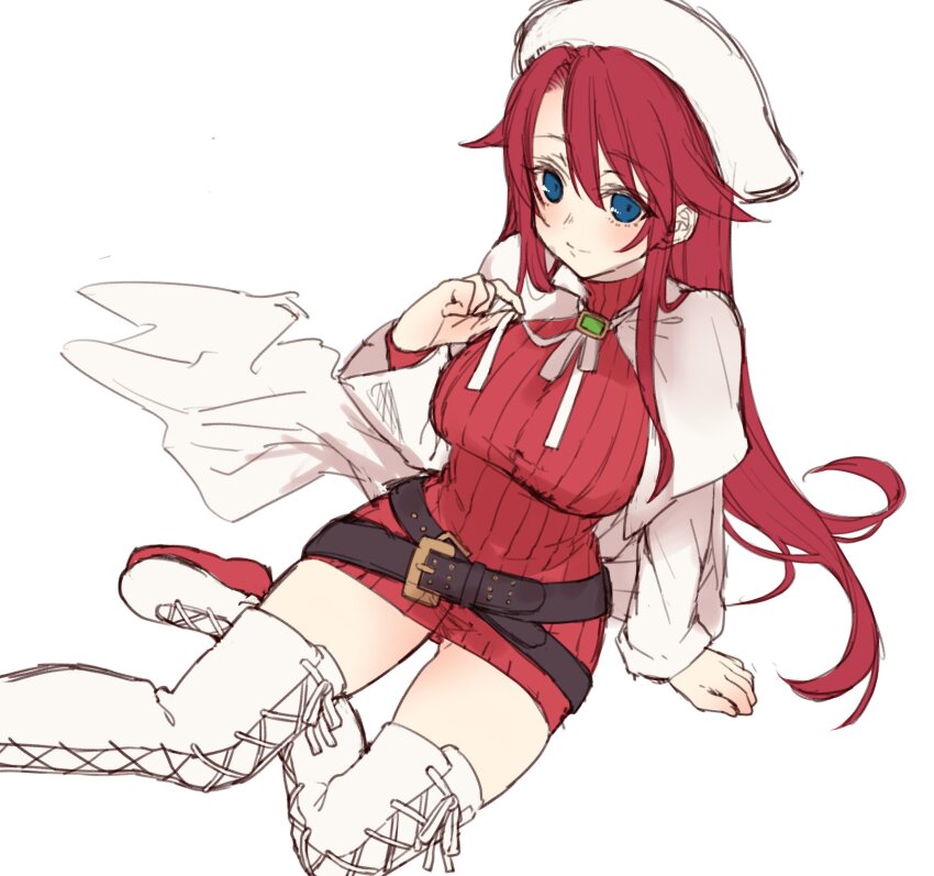 1girl aty_(summon_night) belt blue_eyes boots breasts capelet closed_mouth dress full_body highres hime_gyo lace-up_boots large_breasts long_hair long_sleeves looking_at_viewer red_dress red_hair ribbed_sweater simple_background sitting skirt smile solo summon_night summon_night_3 sweater thigh_boots thighhighs white_background white_boots white_capelet white_headwear white_sleeves
