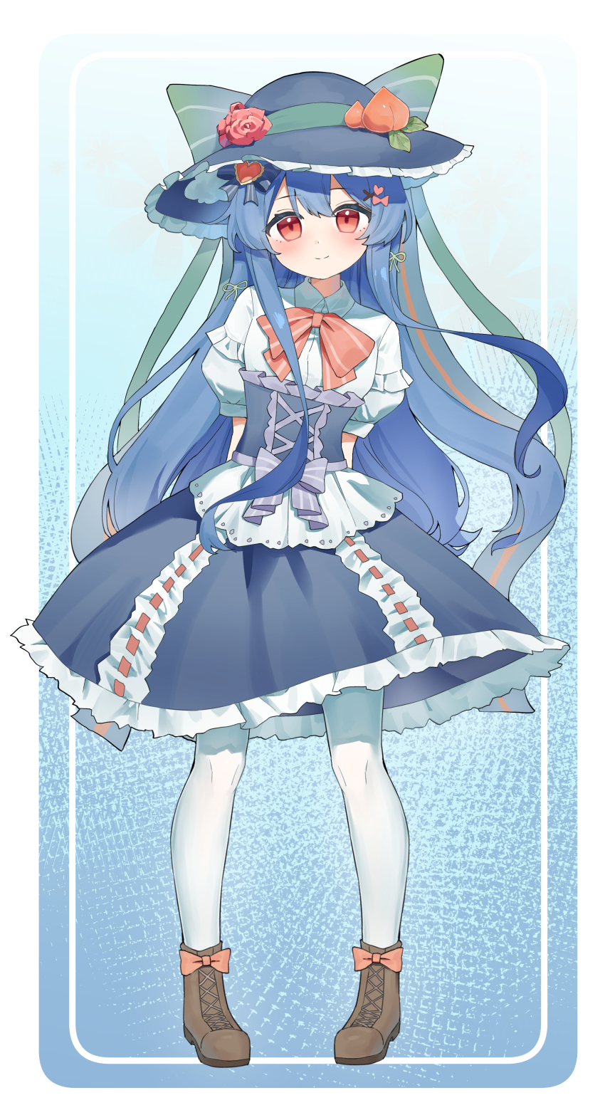 1girl absurdres alternate_costume arms_behind_back blue_bow blue_corset blue_hair blue_skirt boots bow bowtie brown_boots chinese_commentary closed_mouth commentary_request corset flower footwear_bow frilled_hat frills full_body green_bow green_ribbon hair_bow hair_ribbon hat hat_bow hat_flower hat_ornament heart highres hinanawi_tenshi kitahara_(pixiv_19528441) leaf_hat_ornament long_hair looking_at_viewer pantyhose peach_hat_ornament puffy_short_sleeves puffy_sleeves red_bow red_bowtie red_eyes red_flower red_rose ribbon rose shirt short_sleeves skirt smile solo touhou very_long_hair white_pantyhose white_shirt