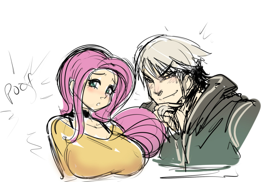1boy 1girl blue_eyes blush breasts choker discord_(my_little_pony) eyebrows fang fluttershy grabbing_another&#039;s_chin hand_on_another&#039;s_chin hood hoodie large_breasts long_hair maniacpaint my_little_pony my_little_pony:_friendship_is_magic personification pink_hair short_hair silver_hair thick_eyebrows upper_body yellow_eyes