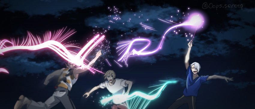 3boys arm_up blonde_hair cloud derivative_work fireworks hair_over_one_eye highres male_focus multiple_boys nansen_ichimonji night night_sky pants running screenshot_redraw serota shirt silver_hair sky sparkler t-shirt tank_top touken_ranbu track_pants twitter_username yamanbagiri_chougi yamanbagiri_kunihiro yuri!!!_on_ice