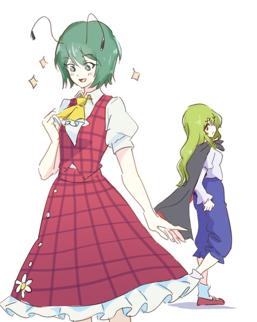 2girls ascot blue_pants blush breasts buttons cloak collar collared_shirt cosplay costume_switch eyes_visible_through_hair flower from_behind green_eyes green_hair grey_cloak hair_between_eyes hand_up highres juliet_sleeves kazami_yuuka kazami_yuuka_(cosplay) long_hair long_sleeves looking_at_another looking_down medium_breasts multiple_girls open_mouth pants plaid_clothes plaid_skirt plaid_vest puffy_short_sleeves puffy_sleeves red_eyes red_footwear red_skirt red_vest shirt shoes short_hair short_sleeves simple_background skirt smile socks standing star_(symbol) tohoyuukarin tongue touhou vest white_background white_flower white_legwear white_shirt wriggle_nightbug wriggle_nightbug_(cosplay) yellow_ascot