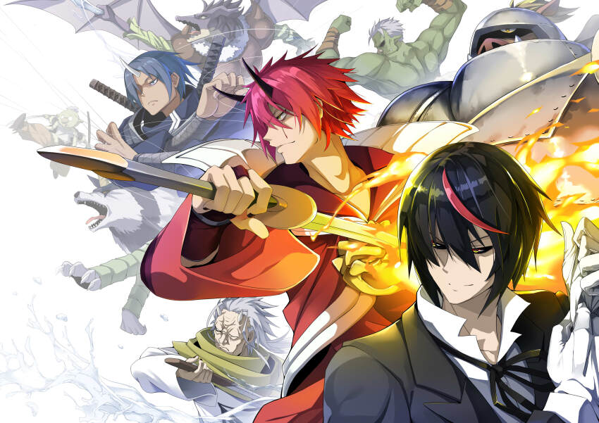 6+boys absurdres armor benimaru_(tensura) black_hair black_sclera blue_hair collared_shirt colored_sclera diablo_(tensura) fire flaming_sword flaming_weapon geld_(tensura) gloves goblin gobta_(tensura) grey_hair hakuro_(tensura) helmet highres holding holding_sword holding_weapon horns japanese_clothes multiple_boys muscular ranga_(tensura) red_hair rigurd_(tensura) shirt short_hair smile soei_(tensura) spiked_hair sword tensei_shitara_slime_datta_ken weapon white_gloves wide_sleeves wolf zelitto