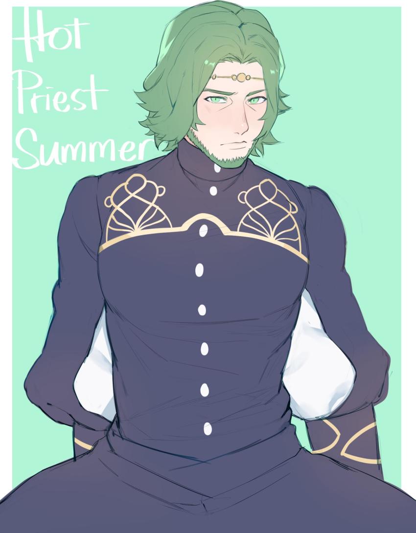1boy beard blush circlet facial_hair fire_emblem fire_emblem:_three_houses green_background green_eyes green_facial_hair green_hair highres male_focus nintendo seteth_(fire_emblem) solo upper_body zhineart