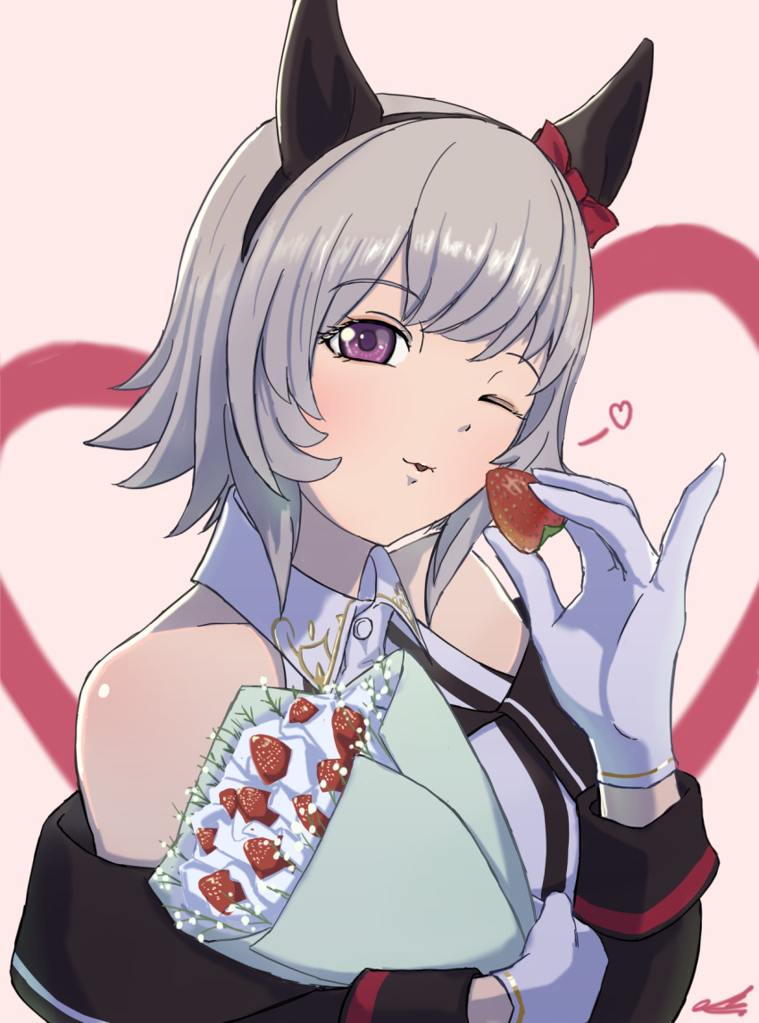 1girl animal_ears bare_shoulders bouquet bow curren_chan_(umamusume) dress ear_bow ear_covers flower food fruit grey_hair highres holding holding_bouquet horse_ears horse_girl looking_at_viewer off-shoulder_jacket off_shoulder one_eye_closed purple_eyes red_bow short_hair solo strawberry striped_clothes striped_dress tanasiso umamusume upper_body vertical-striped_clothes vertical-striped_dress