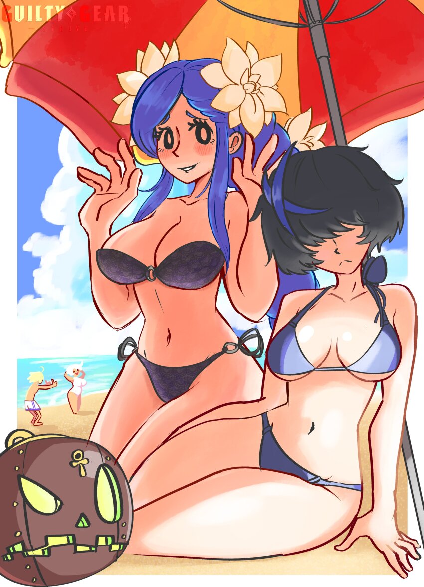 1boy 3girls absurdres arm_support bare_shoulders beach bikini black_bikini black_hair blue_bikini blue_hair blue_sky blue_streaks blush braid braided_ponytail breasts cloud cloudy_sky collarbone copyright_name dizzy_(guilty_gear) dorpos elphelt_valentine family flower frown groin guilty_gear guilty_gear_strive hair_flower hair_ornament hair_over_eyes highres large_breasts long_hair looking_at_viewer mature_female mother_and_daughter mother_and_son multicolored_hair multiple_girls navel ocean outdoors queen_dizzy shaded_face sidelocks sin_kiske sitting sky smile starlinkman stomach streaked_hair swept_bangs swimsuit thick_thighs thighs unika_(guilty_gear)