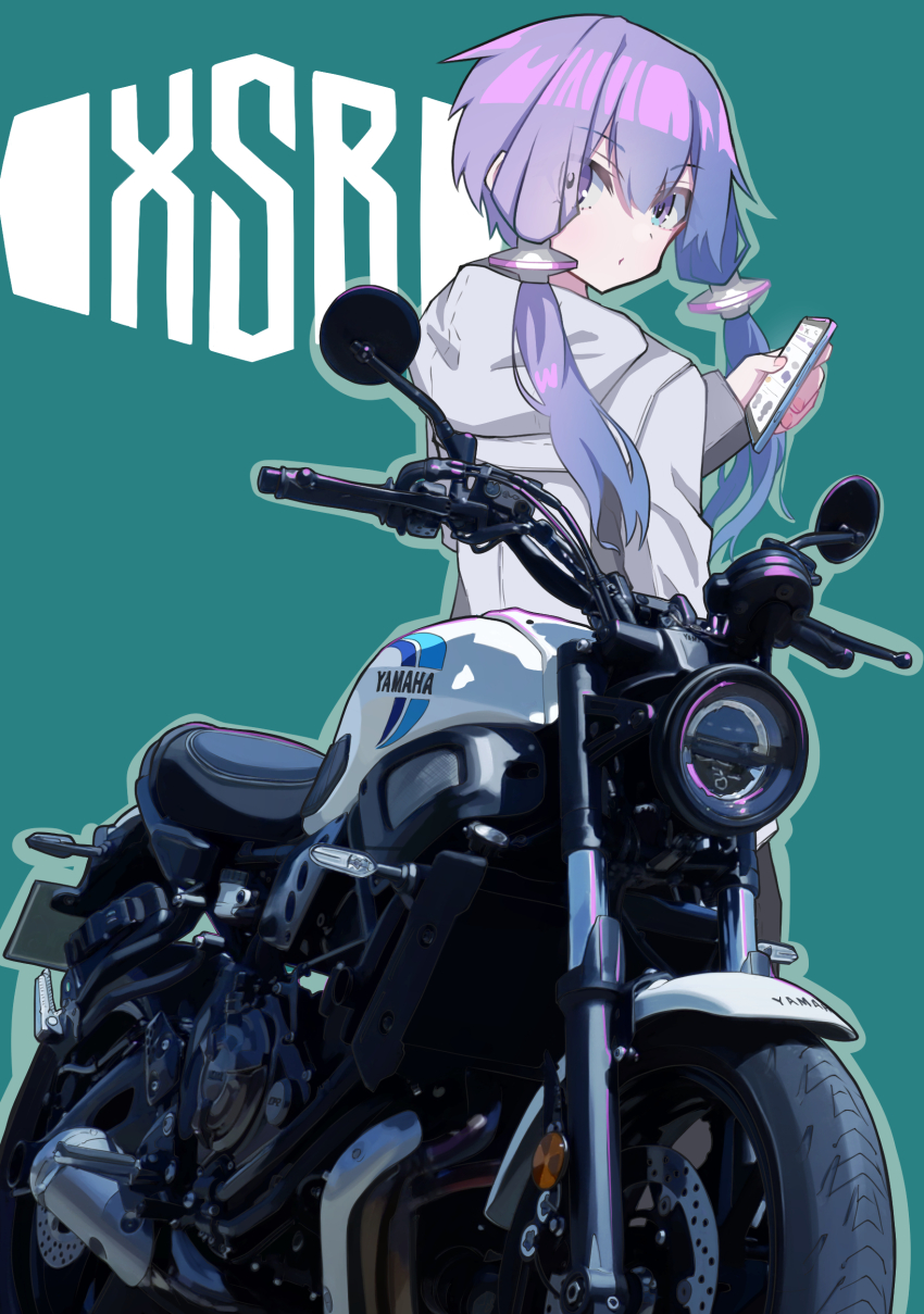 1girl absurdres blue_background blue_outline cellphone eyes_visible_through_hair ginbeko highres holding holding_phone hood hood_down hooded_jacket jacket looking_at_viewer motor_vehicle motorcycle outline phone purple_eyes purple_hair sidelocks smartphone solo vocaloid voiceroid white_jacket yamaha yamaha_xsr700 yuzuki_yukari