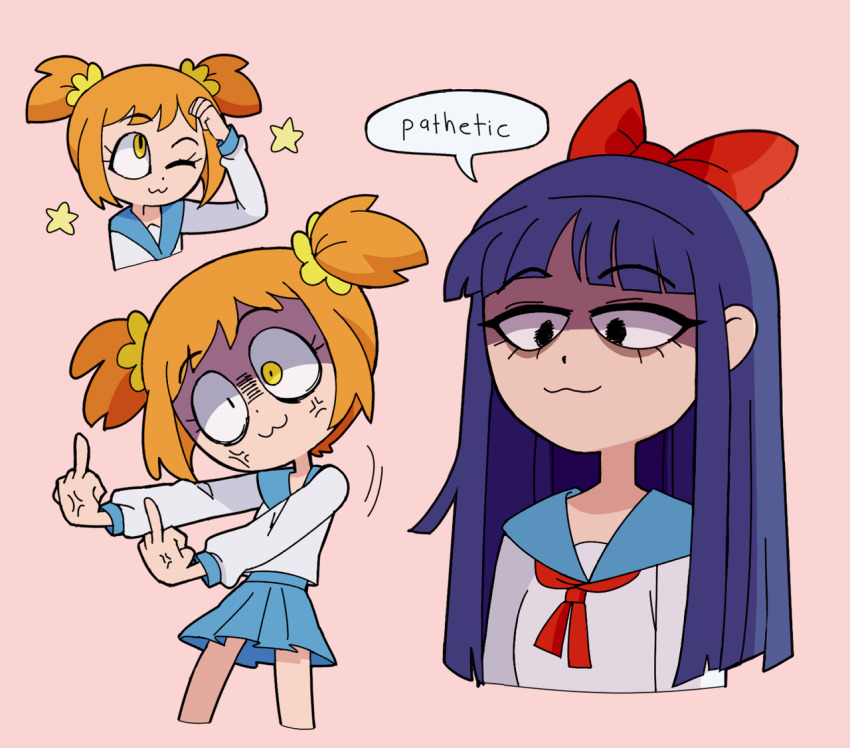 2girls :3 anger_vein blue_sailor_collar blue_skirt blunt_bangs bow commentary double_middle_finger english_text female_focus frown hair_bow long_hair marreeps meme middle_finger multiple_girls multiple_views one_eye_closed orange_hair pathetic_(meme) pink_background pipimi poptepipic popuko protected_link purple_hair red_bow sailor_collar school_uniform serafuku shirt short_hair short_twintails simple_background skirt smug speech_bubble star_(symbol) twintails two_side_up upper_body white_shirt