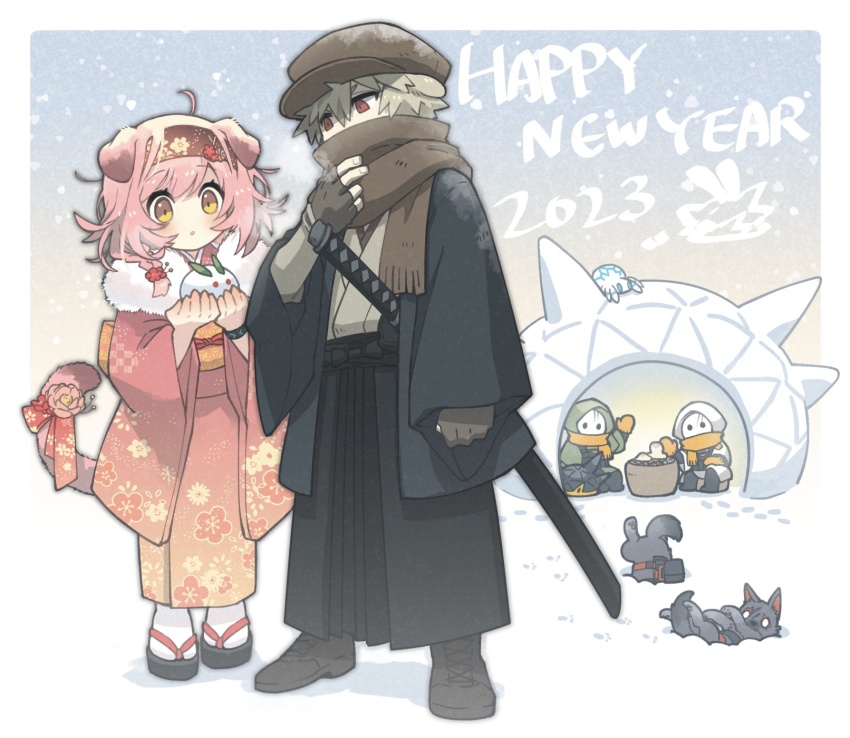 1boy 1girl 2023 2others :o ahoge ambiguous_gender animal_ears arknights black_hakama blush brown_footwear brown_headwear brown_scarf bulletproof_vest cat_ears cat_tail coat commentary fingerless_gloves floral_print flower food fur-trimmed_kimono fur_trim gloves goldenglow_(arknights) green_coat grey_gloves hair_between_eyes hair_flower hair_ornament hairband hakama happy_new_year hat highres hound_(arknights) igloo infused_glacial_originium_slug_(arknights) japanese_clothes kimono long_sleeves looking_at_another looking_at_food mask mochi morini_ochiteru multiple_others new_year originium_slug_(arknights) pink_flower pink_hair pink_kimono red_(npc)_(arknights) red_eyes reunion_soldier_(arknights) scarf short_hair snow snow_shelter snowing swept_bangs sword tail tail_flower tail_ornament weapon white_coat white_kimono yellow_eyes yellow_scarf