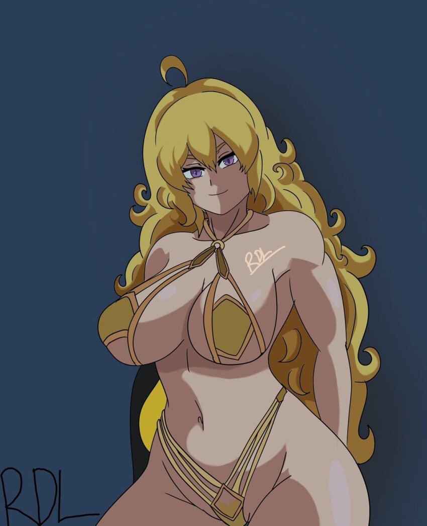 1girl arms_behind_back artist_name bikini blonde_hair breasts cleavage highres large_breasts legs long_hair looking_at_viewer navel purple_eyes rwby seductive_gaze seductive_smile smile solo swimsuit thick_thighs thighs yang_xiao_long yellow_bikini