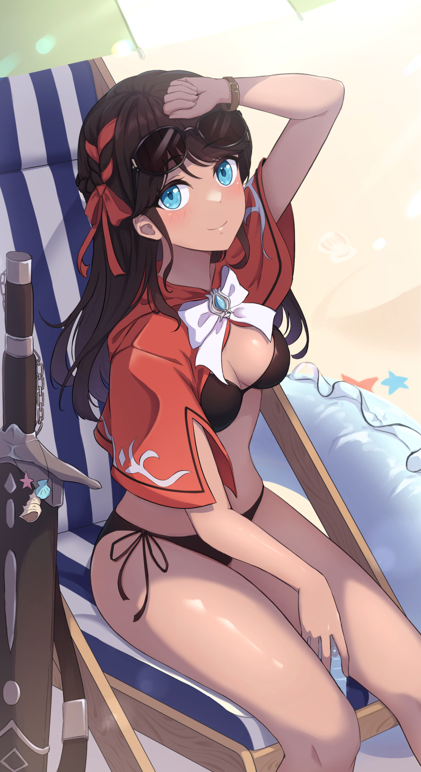 absurdres beach beach_chair beach_umbrella bikini black_bikini blue_eyes brown_hair cowenna dark-skinned_female dark_skin highres ji-hi mabinogi shiny_skin sunglasses swimsuit sword umbrella weapon
