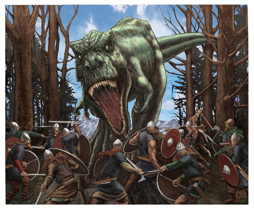 6+boys armor axe beard blonde_hair brown_hair capelet chainmail christian_sloan_hall dinosaur facial_hair forest highres holding holding_axe holding_shield holding_spoon holding_sword holding_weapon knife knife_sheath male_focus medium_hair mountain multiple_boys muscular muscular_male nature original polearm red_hair reverse_grip sheath shield short_hair spear spoon sword traditional_media tyrannosaurus_rex viking weapon