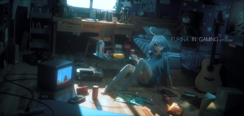 1girl acoustic_guitar arm_support barefoot bed bed_sheet bedroom blue_eyes blue_hair book box cabinet can chair clock coca-cola commentary_request contemporary controller cowlick cup de4d_fish desk furina_(genshin_impact) game_console game_controller genshin_impact guitar handheld_game_console headphones headphones_around_neck highres holding holding_controller holding_game_controller instrument lamp light_blue_hair mario_(series) mecha milk_carton mug nes nintendo pillow pleated_skirt poster_(object) robot sitting skirt solo stuffed_animal stuffed_toy super_mario_bros._1 table teddy_bear wallpaper_(object) window wooden_floor