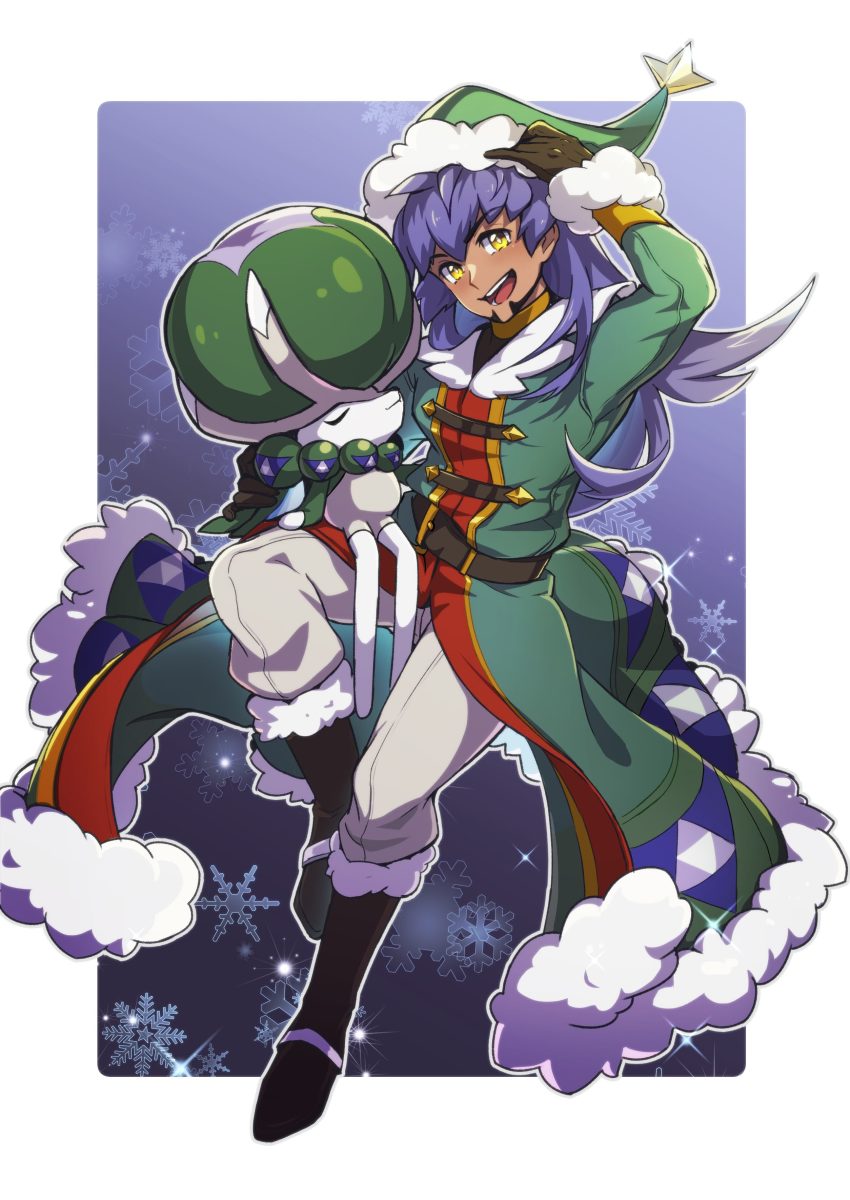 1boy :d absurdres black_footwear boots border brown_gloves calyrex coat commentary_request fur_trim gen_8_pokemon gloves green_coat green_headwear hat highres legendary_pokemon leon_(holiday_2021)_(pokemon) leon_(pokemon) long_hair long_sleeves looking_at_viewer male_focus nintendo official_alternate_costume open_mouth pants pokemon pokemon_(creature) pokemon_masters_ex pokemon_on_leg purple_hair santa_hat smile snowflakes teeth tongue white_border yunoru