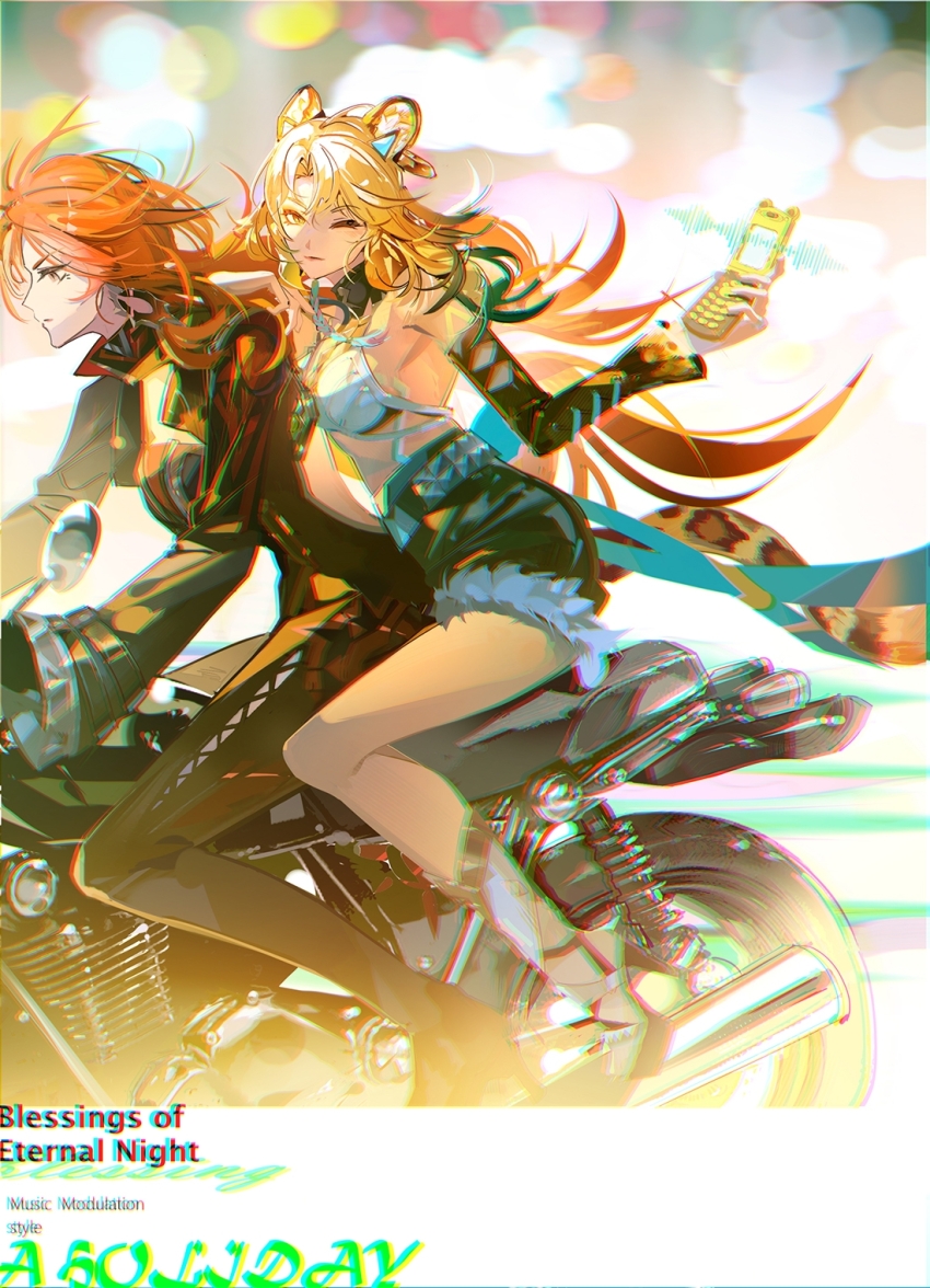 2girls animal_ears back_cutout biker_clothes bikesuit black_bodysuit blonde_hair blurry blurry_background bodysuit breasts cellphone closed_mouth clothing_cutout commentary_request cutoffs earrings flip_phone from_side genshin_impact green_eyes haltootoo high-waist_shorts high_heel_sandals high_heels highres holding holding_phone jaguar_ears jaguar_girl jaguar_tail large_breasts long_hair looking_at_viewer mavuika_(genshin_impact) motor_vehicle motorcycle multiple_girls multiple_riders on_motorcycle one_eye_closed orange_eyes orange_hair orange_pupils phone red_hair riding sandals shorts strapless_bodysuit sun_earrings tail very_long_hair wheel wide_sleeves xilonen_(genshin_impact)