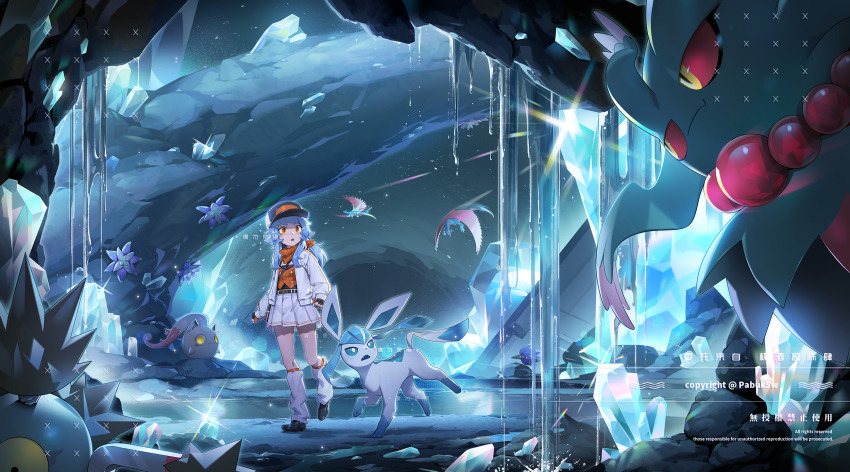 1girl artist_name bandana bandana_around_neck baseball_cap black_gloves black_hat black_shoes blue_hair cave_interior character_request crystal fingerless_gloves full_body gen_2_pokemon gen_4_pokemon glaceon glint gloves hat highres jacket long_hair long_sleeves loose_socks misdreavus nintendo open_clothes open_jacket open_mouth orange_bandana orange_gloves orange_vest original pabuk5w pleated_skirt pokemon pokemon_(creature) ponytail scream_tail shoes sidelocks skirt socks standing two-tone_gloves vest watermark white_jacket white_skirt white_socks wide_shot yellow_eyes