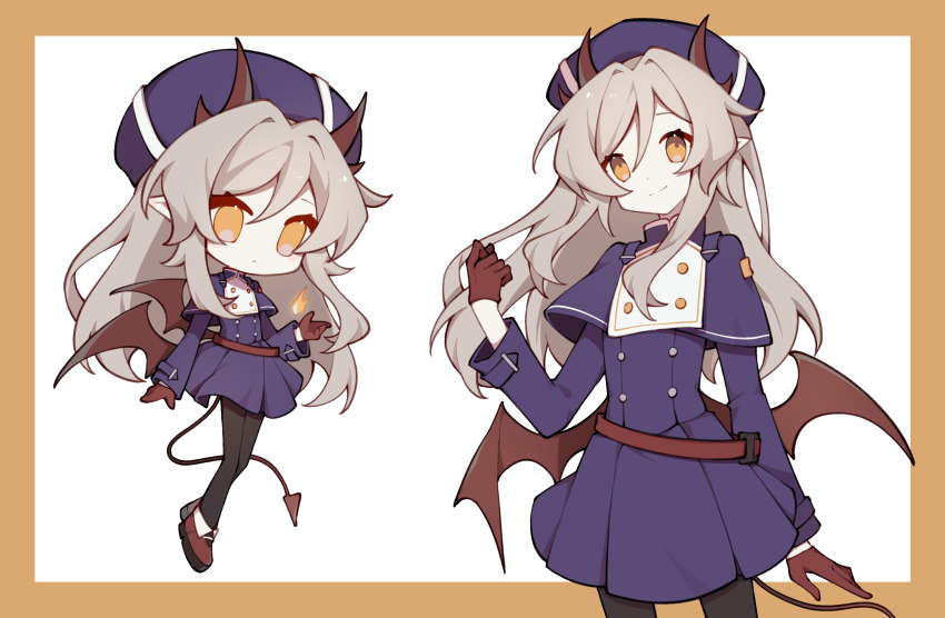 1girl blonde_hair blue_dress blue_hat border brown_shoes brown_wings buttons chibi closed_mouth colored_skin demon_tail demon_wings double-parted_bangs dress fire fold-over_boots gloves hand_up hat highres horns long_hair long_sleeves looking_at_viewer low_wings mari_sleep mini_wings multiple_views orange_border orange_eyes original outside_border pointy_ears pyrokinesis shoes simple_background tail white_skin wings