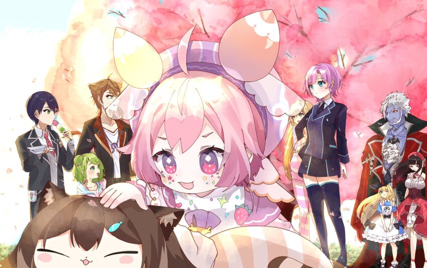 child fumino_tamaki fushimi_gaku gilzaren_iii green_eyes green_hair highres ienaga_mugi kenmochi_touya mononobe_alice morinaka_kazaki necktie nijisanji pink_eyes pink_hair purple_hair school_uniform suzuka_utako ushimi_ichigo virtual_youtuber yuuhi_riri