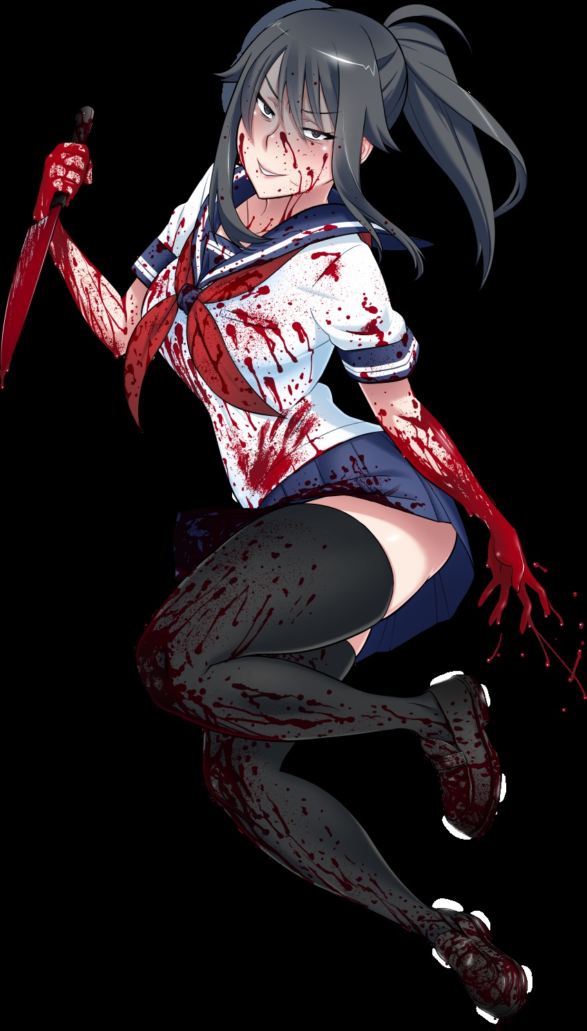 1girl absurdres ayano_aishi black_eyes black_hair black_legwear blood blood_on_clothes collared_shirt female_focus full_body highres kjech knife looking_at_viewer necktie open_mouth ponytail school_uniform shirt short_sleeves skirt solo transparent_background yandere_simulator